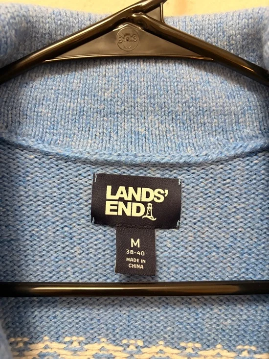 Lands' End Sky Blue Shawl Collar Fair Isle Cardigan with Navy Trim - Picture 3 of 7